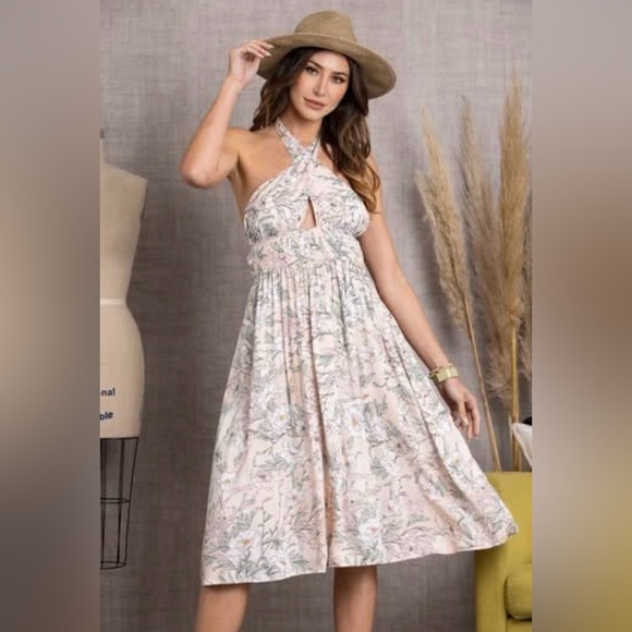 NWT - Vacation Summer Floral Halter Neck Dress - Picture 3 of 11